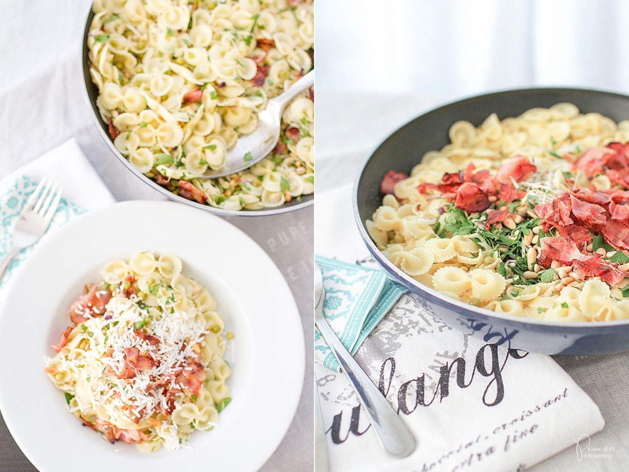 Farfalle mit Bacon, Erbsen, Sprossen und Pinienkernen