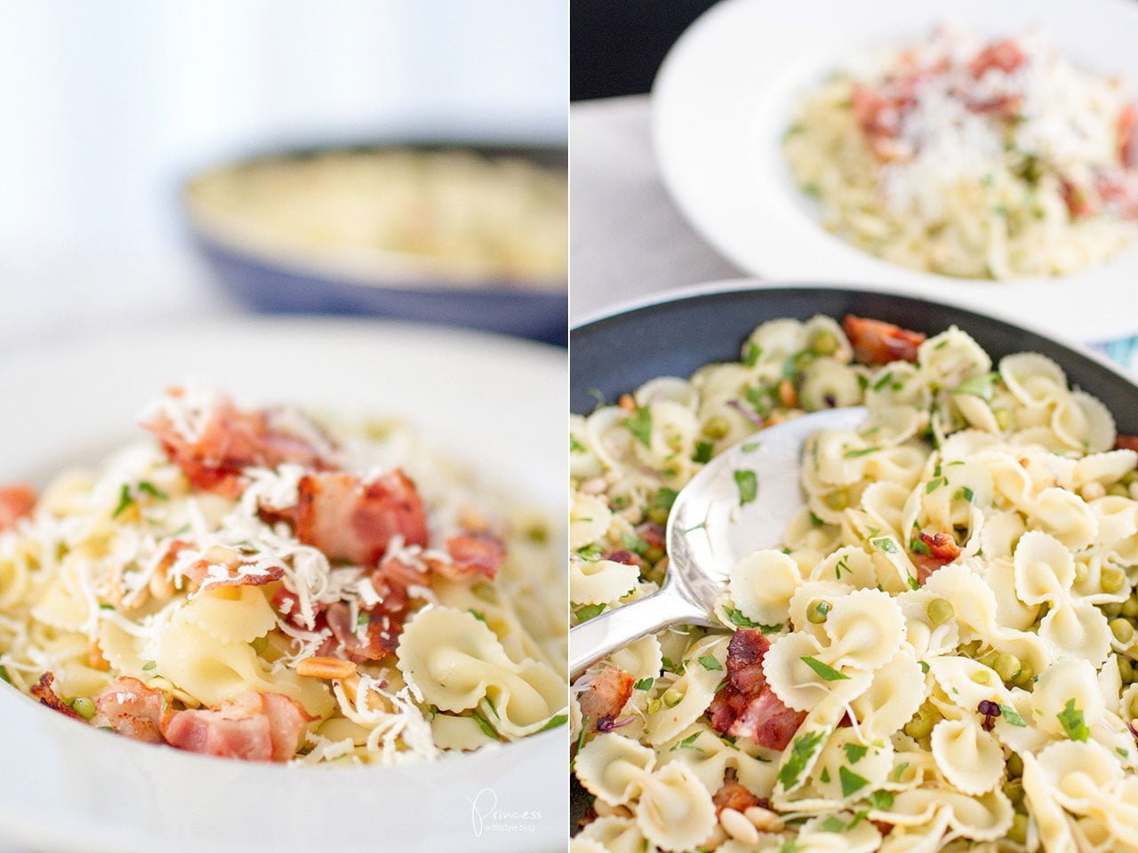 Farfalle mit Bacon, Erbsen, Sprossen und Pinienkernen