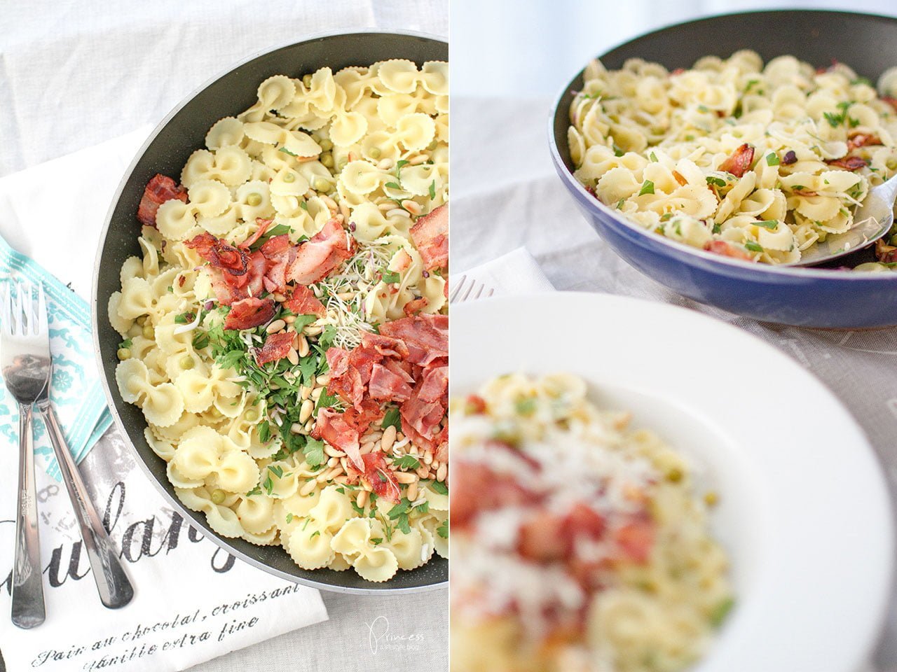 Farfalle mit Bacon, Erbsen, Sprossen und Pinienkernen