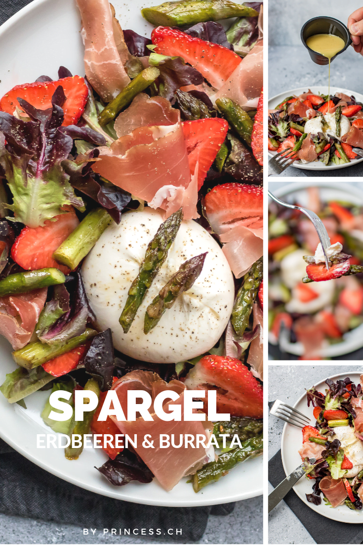 Salat mit grünem Spargel, Erdbeeren & Burrata